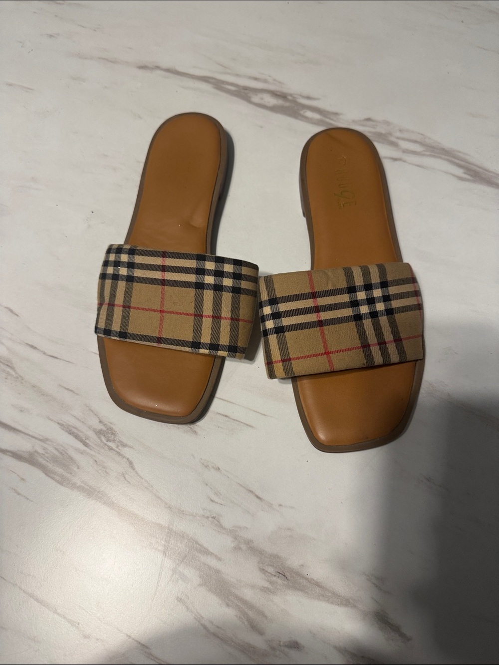 Rouge Helium Tan Plaid Slide Sandals